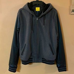 Men’s hooded varsity jacket with faux leather sleeves